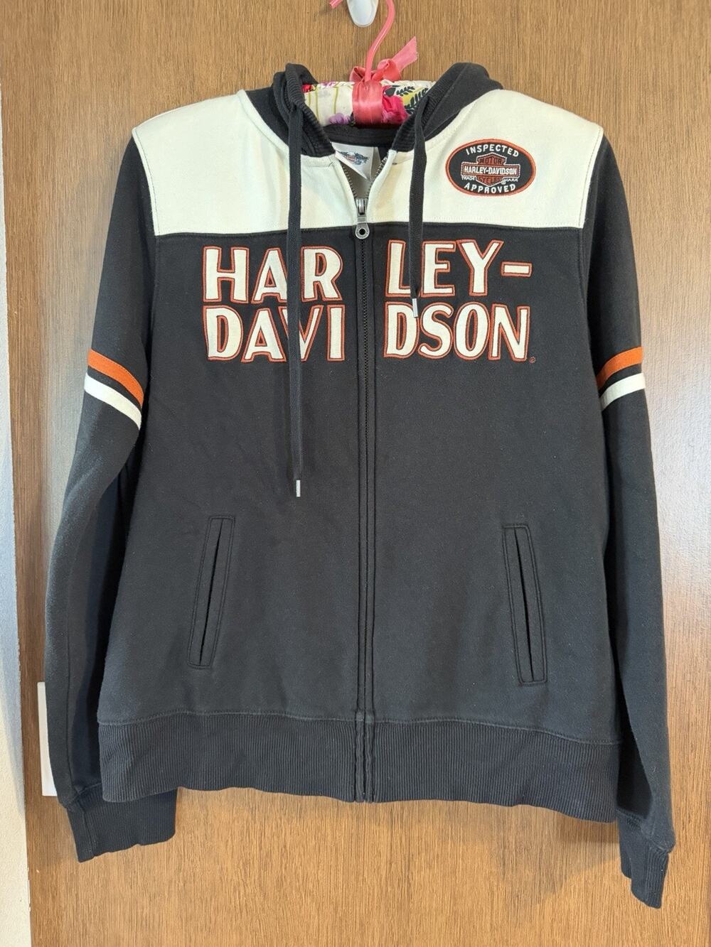 Harley Davidson Full zipper Hoodie Sz Large Woman Black Orange Biker Motorcycle
